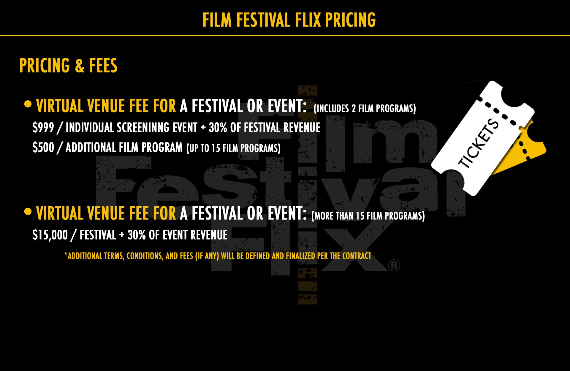 Launch your own secure and private channel on Film Festival Flix offering VIP access to exclusive content with total control over your content, audience, sponsors, and advertisers. Plans start as low as $999.