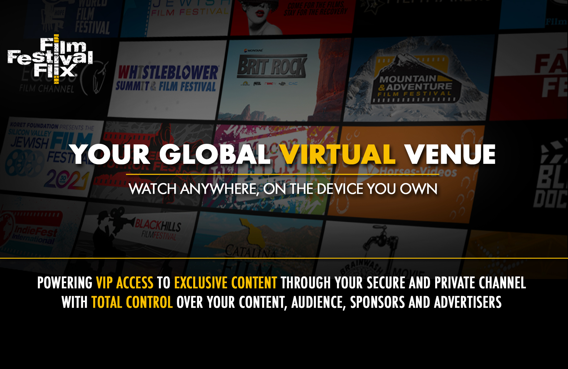 We power your virtual events: Festivals, Award-Winning Tours, Private Events and Year-round Streaming Channels on our secure platform while seamlessly integrating with your festival website. Since the COVID-19 pandemic, online film festivals have become a necessity for attendance to your events. Many organizations had to cancel in person events while coming up with virtual screenings to support streaming films. Here at Film Festival Flix, we have helped numerous festivals create that opportunity, allowing them to gain a world wide audience, a true hurdle with the original approach. Now, filmmakers have their feature films safely seen by more people and have the chance to create a film community not bound by physical location. As a streaming service, we work with festivals and expert curators to provide both subscription and rental based on-demand streaming access to select, award-winning and critically acclaimed films. All available on our Website and our Film Festival Flix Streaming Apps - Apple TV, Roku, Android, Amazon Fire, IOS Mobile." width="1920" height="1250" class="aligncenter size-full wp-image-374530" /><img src="https://cdn.filmfestivalflix.com/wp-content/fff-uploads-bucket/2022/08/220816_FFF_Channel-Pricing_1920x1080.jpg" alt="Launch your own secure and private channel on Film Festival Flix offering VIP access to exclusive content with total control over your content, audience, sponsors, and advertisers. Plans start as low as $999.