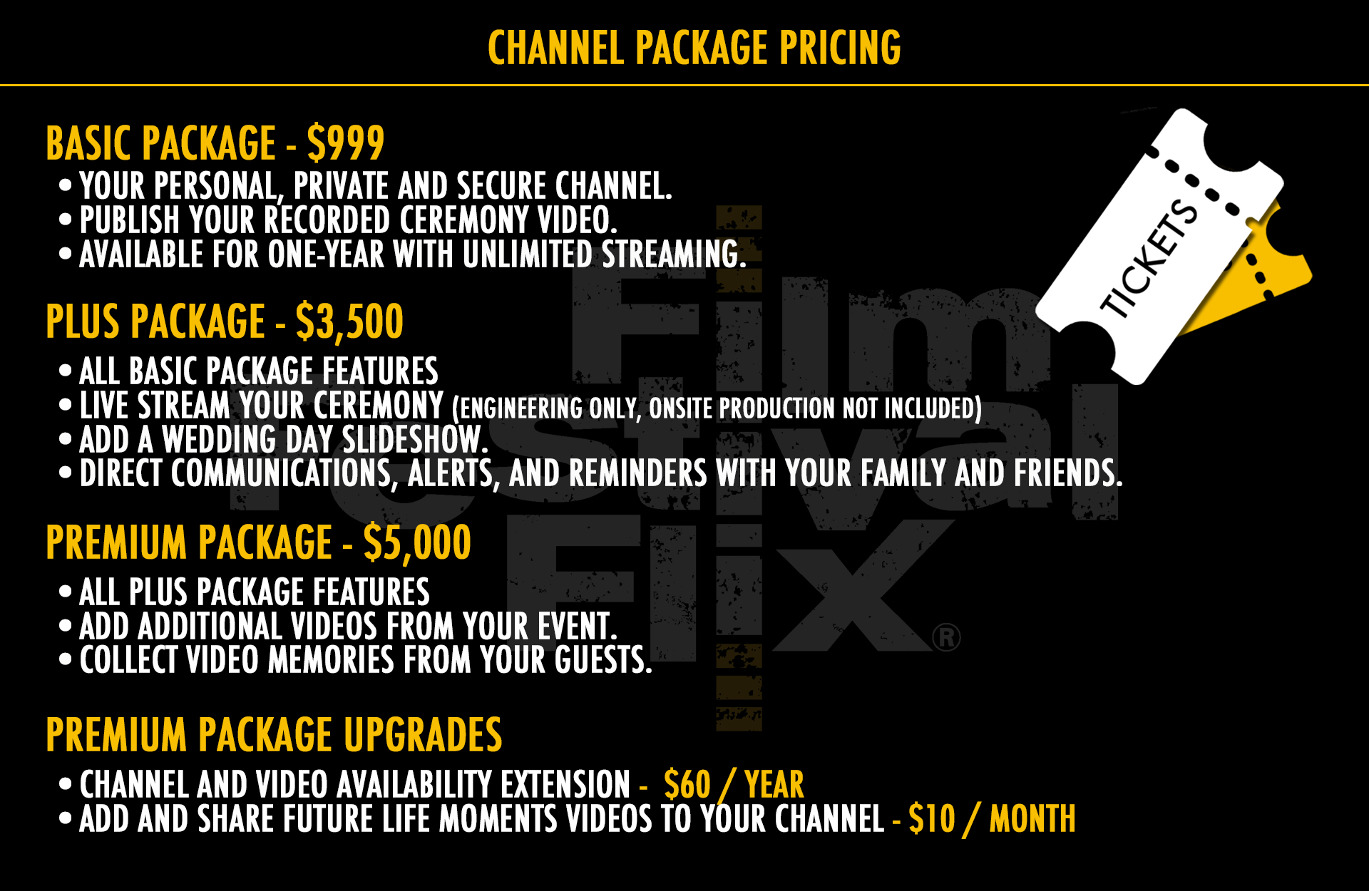 Select the Event Channel Package that's right for you. Basic Package - $999. Includes: Your personal, private and secure streaming channel. Publish your recorded ceremony video. Your channel and video are available for one year. Plus Package - $3,500. Includes: All basic package features. Livestream your ceremony. Add an event day slideshow. Benefit from direct communications, alerts, and reminders, with your family and friends. Premium Package - $5,000. Includes: All plus package benefits. Add additional videos from your event. Collect video memories from your guests. Premium Package upgrades. Extend your channel and video availability annually for $60. Add and share additional life moment videos on your channel for only $10 per month. 